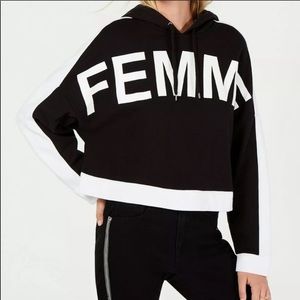 🔥BAR III🔥FEMME Graphic Print Cropped Hooded Sweatshirt Black/White Small NWT